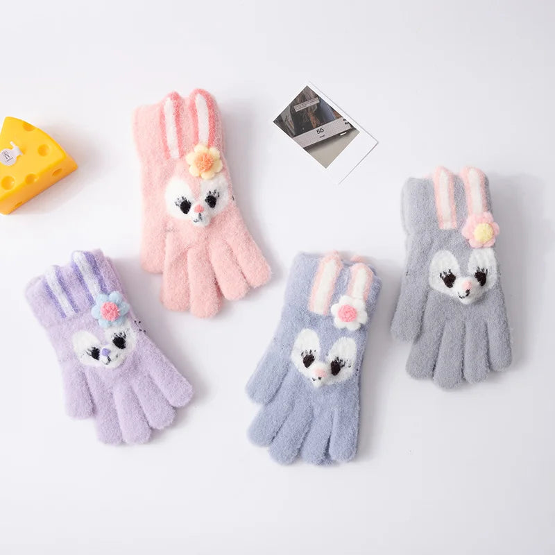 5-12 Years Winter Children Girl Gloves Knitted Warm Soft Cartoon Rabbit Full Finger Gloves Kids Outdoor Lovely Girl Mittens