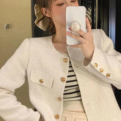 Wool Coat Women Jacket Short Autumn Winter Cardigan Long Sleeve Top Single Breasted Tweed Versatile Wool Top Full Sleeve 2024