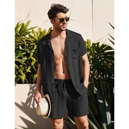 2023 Summer Casual Short-sleeved Linen Shirts Mens Shorts Loose Sweatpants Men Clothes Sweatshirts 2 Pieces Suits Tracksuit 3XL