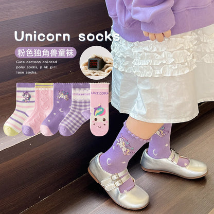 Autumn Winter Children's Socks Cute Cartoon Unicorn Pattern Cotton Socks Baby Girls 5 Pairs Mid Calf  Socks