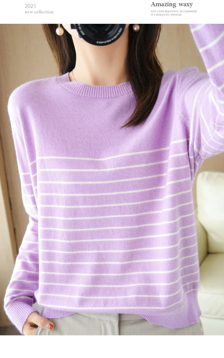 100% Cotton Knitted Sweater Women's Sweater Striped Color Matching Round Neck Large Size Loose Temperament Long Sleeve Bottoming