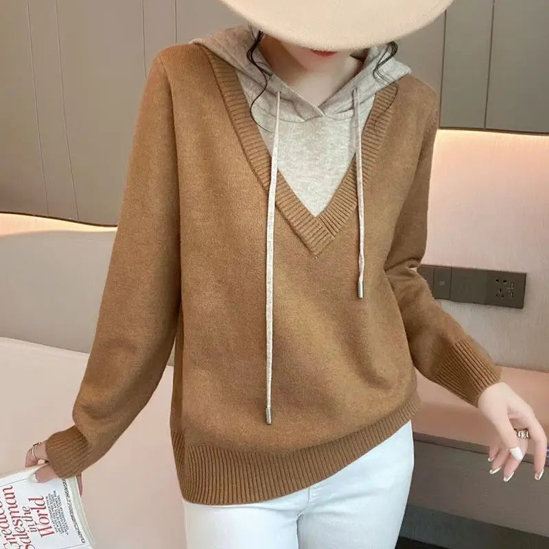 2023 New Autumn and Winter Fashion Minimalist Casual Loose Fitting Pullover Versatile Long Sleeved Fake Two-piece Hooded Sweater