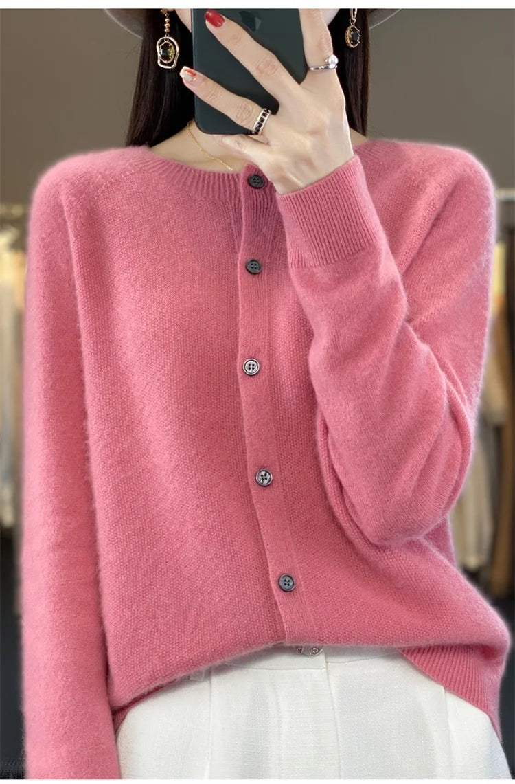 2024Spring and Autumn  New 100% pure merino cashmere sweater women's O-neck cardigan loose long-sleeved sweater top