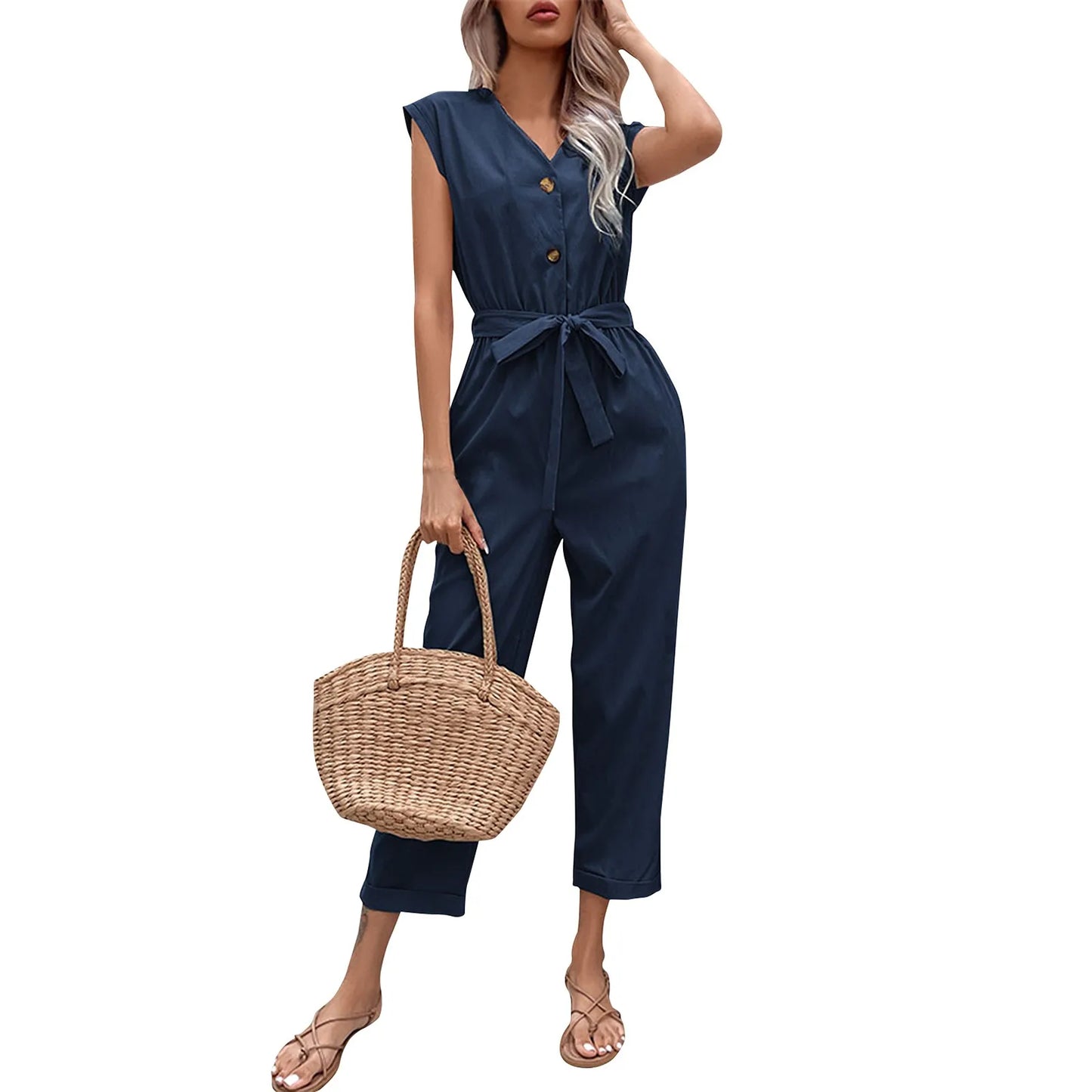 Summer Fashion Short Sleeve Jumpsuit Women Loose Cropped Pants Jumpsuit Women's Solid Color Casual V-neck Jumpsuit vestidos para