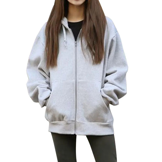 Autumn and Winter Women Hooded Fleece Long Sleeve Loose Casual Zip Pockets Solid Jacket Coat