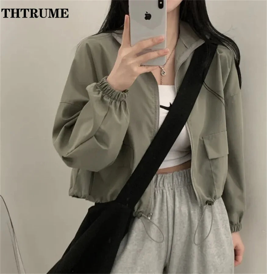 Autumn Winter Chic Jacket Fashion Women Protection Windproof Vintage High Street Coats Casual Baseball Drawstring Outwear Coat