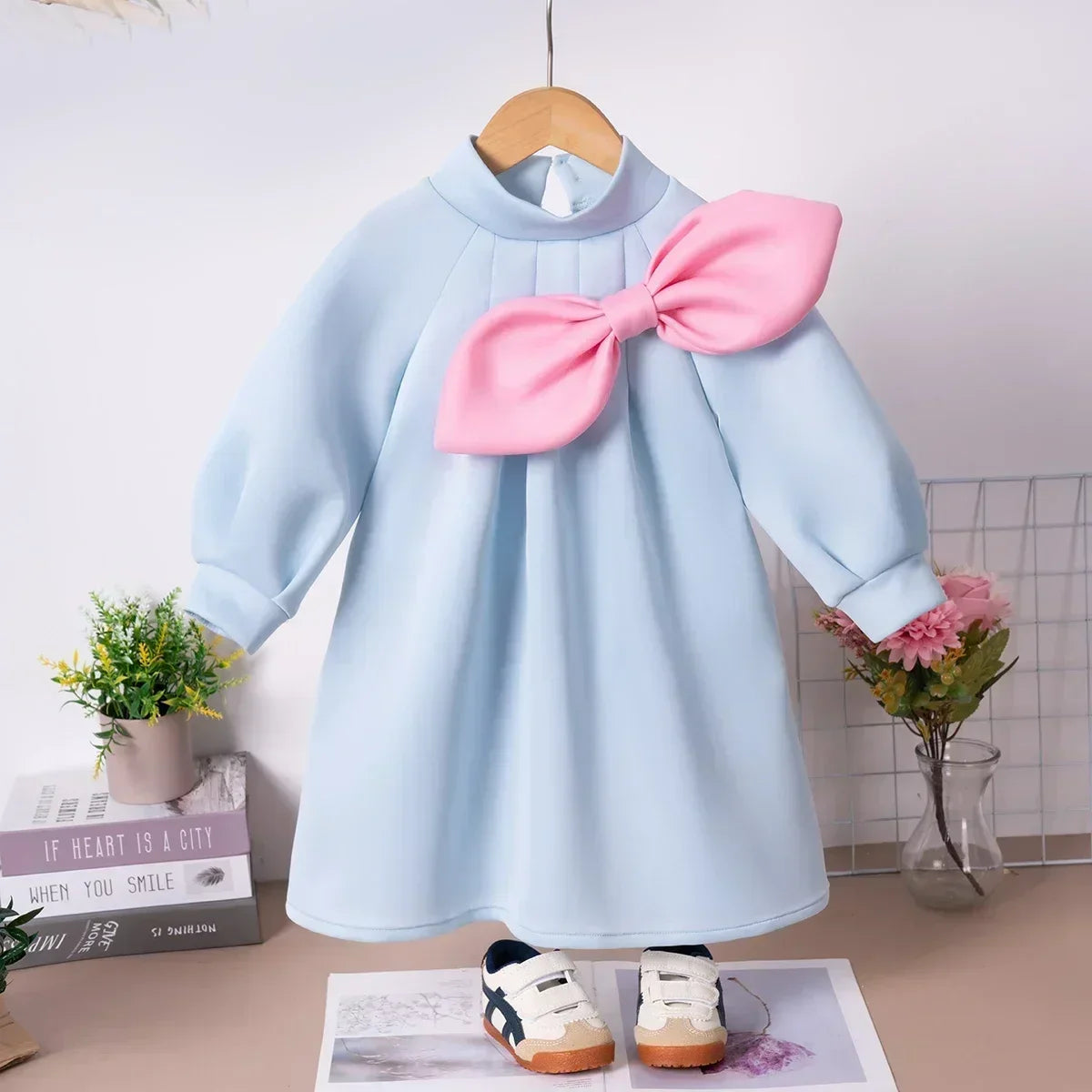 Toddler Girl New Girl's Dress Cute Big Bow Solid Color Long Sleeve Dress Fashionable Design Sense Daily and Party Wearing