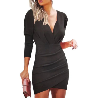 Women's Sexy Mini Dresses Spring Autumn V-Neck Long Sleeved Slim Dress Solid Color Pleated Party Dress Vestidos Cortos