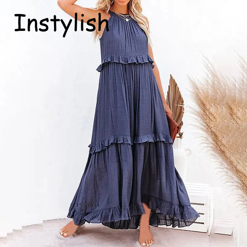 Women Casual Solid Ruffles Long Dress Summer Elegant Sleeveless Sundress Elegant Harajuku Maxi Dress Beach Party Evening Vestido