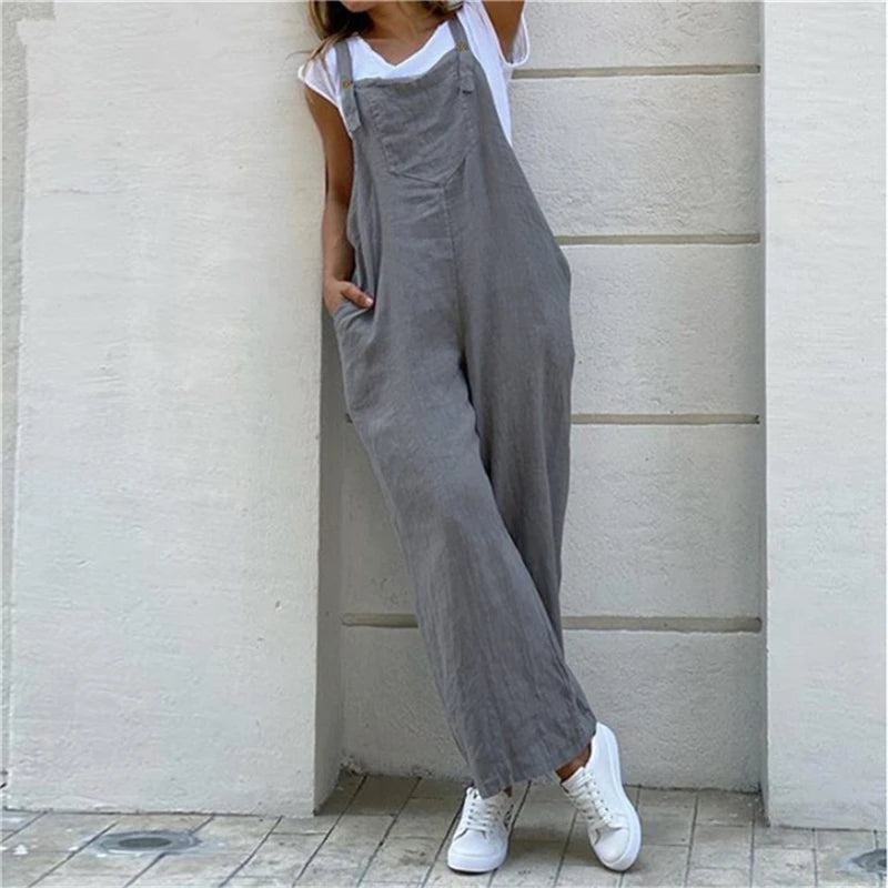 Summer Jumpsuit For Women Solid Color Jumpsuit Casual Long Pant Pockets Button Wide Leg Strap Jumpsuit Loose Rompers Overalls