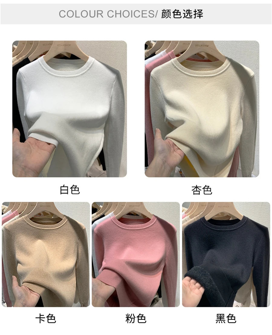 O Neck Winter Sweater For Women Thicken Slim Soft Knitted Tops Plus Velvet Long Sleeve Pullover Casual Warm Malhas Jerseys