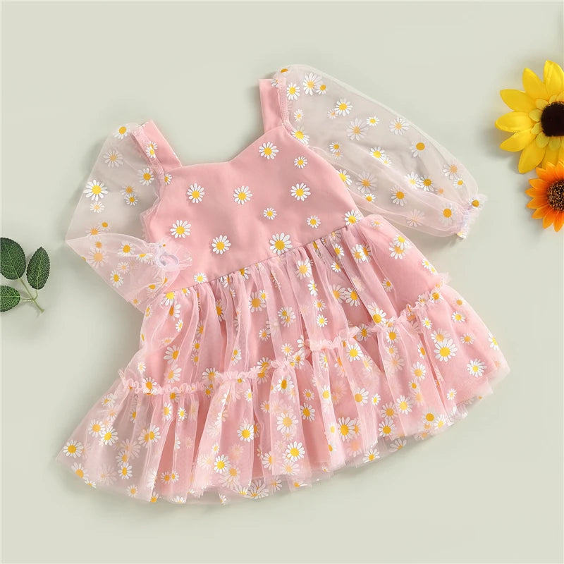 Fashion Spring Autumn Baby Girl Princess A-Line Dress Elegant Daisy Print Long Sleeves Mesh Tulle Party Dress for Toddler