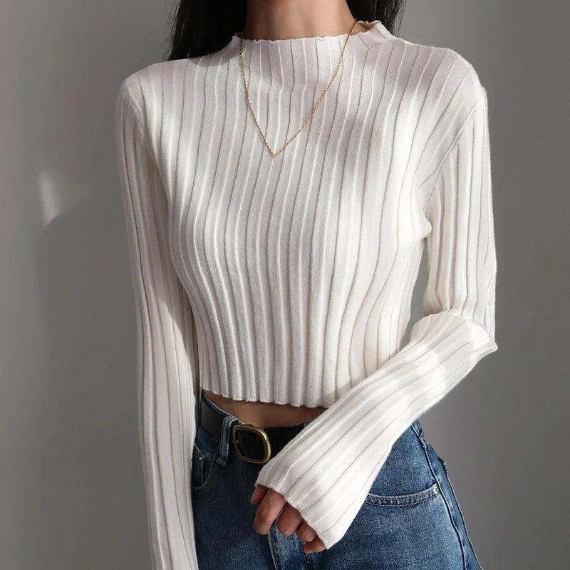 American Retro Stand Collar Solid Color Simple Slim Fit Fashion Short Knitted Long-sleeved Sweater