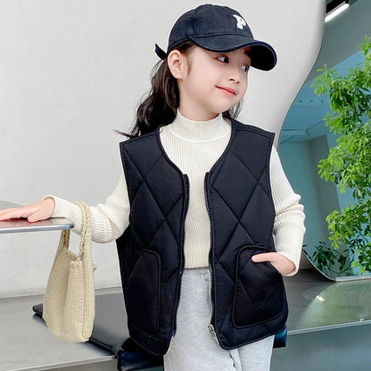 Kids Warm Cotton Vest Jackets Autumn Boys Girls Plus Velvet Waistcoat Children Winter Clothes Teen Solid Outer Coats 4-12 Years