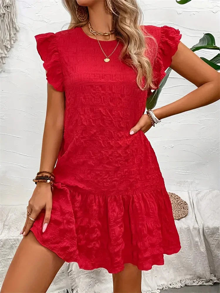 Fashion Summer Dresses Lace Loose 2024 Spring Summer Elegant Casual Round Neck Ruffle Trimmed Decorated Dress Vestido Female