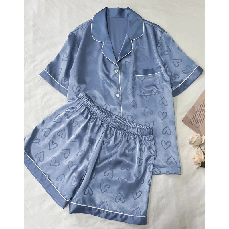 Summer Satin Silk Pajamas Women Short Sleeves Shorts Fresh Love Heart Printing Thin Casual Sleepwear Suit Homewear Pyjamas Girl