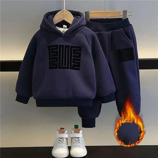 Children Winter Plus Velvet Warm Pullover Tops+Pants 2pcs Set Boys Girls Cotton Sweatshirts Sports Casual Clothes Suit 3-12Y