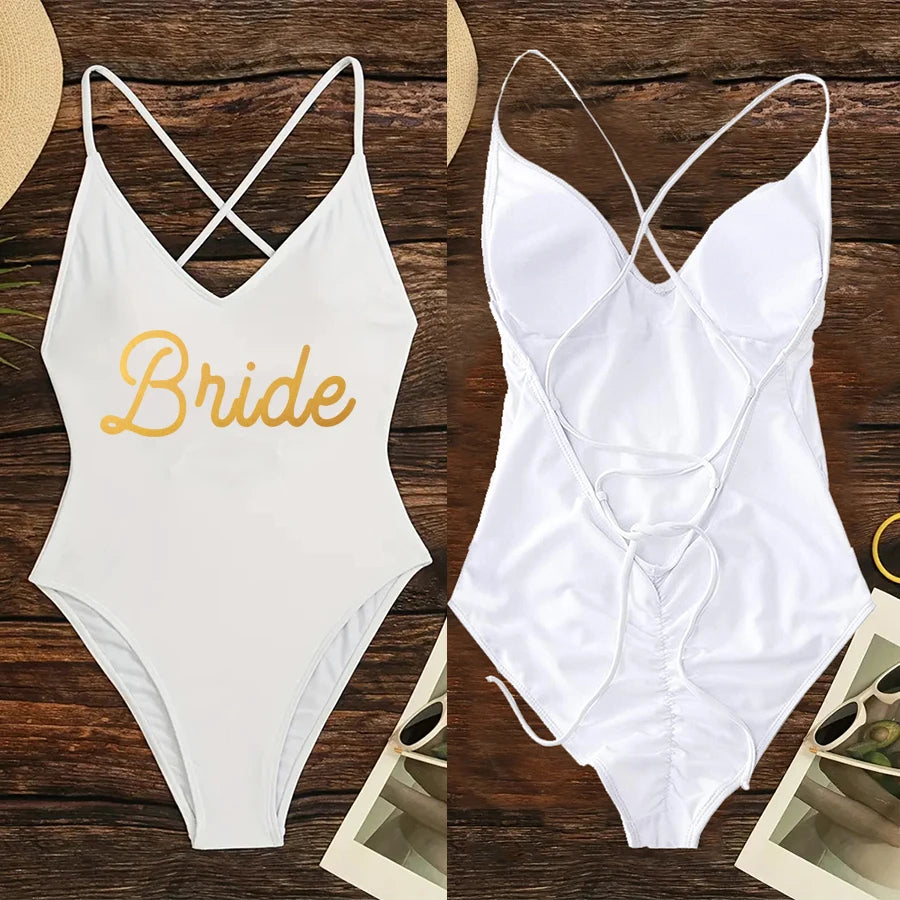 Padded Team Bride Print Swimsuit Women Bachelor Party Wedding One Piece Bathing suit Summer swimming suit Beachwear monokini