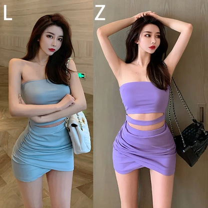 Women's sexy strapless short top+high waisted skirt set