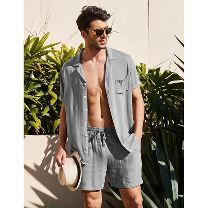 2023 Summer Casual Short-sleeved Linen Shirts Mens Shorts Loose Sweatpants Men Clothes Sweatshirts 2 Pieces Suits Tracksuit 3XL