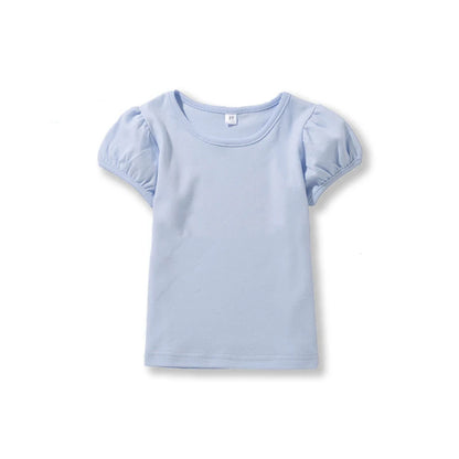 Girls' 100% Cotton Short Sleeve Summer Puff Tee T shirts for School & Play Toddler Teenagers Casual Tops Tees Solid 1-14Yrs