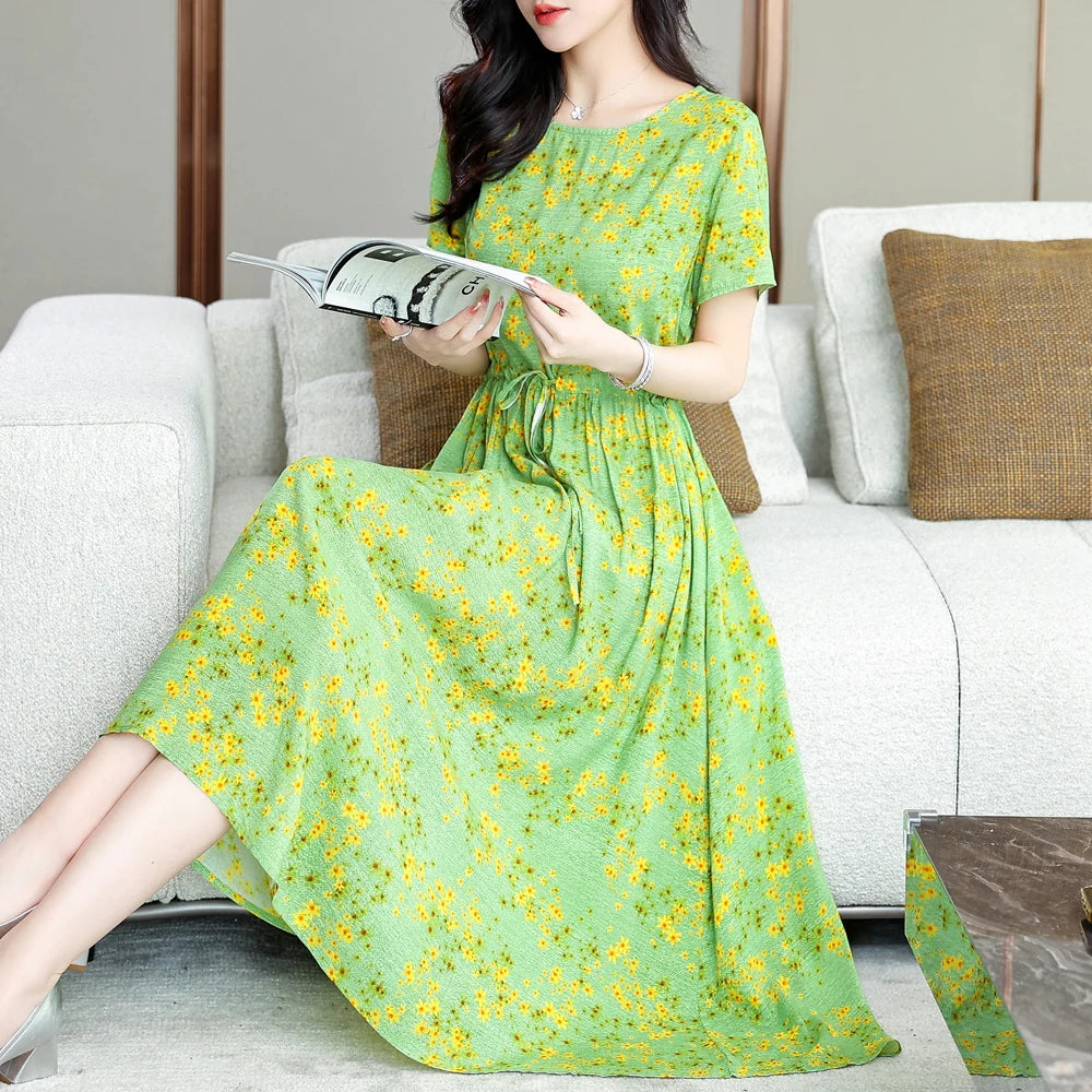 Summer women short sleeve dresses print vintage o-neck Beach Dress Sundress Vestidos dress