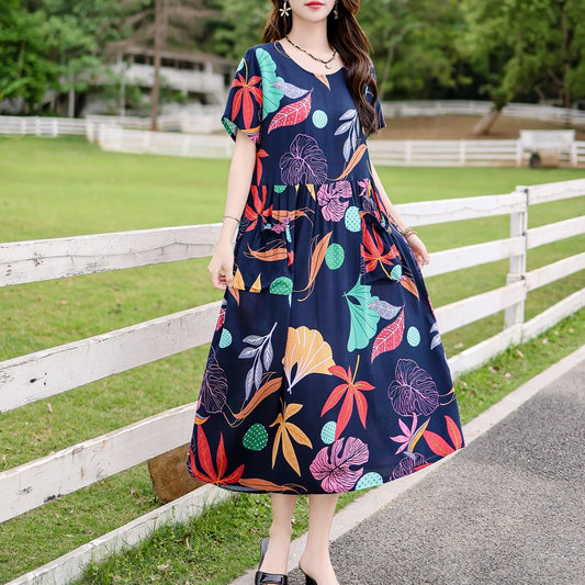 Vintage Floral Print summer dress Women Boho short Sleeve Long Dress o-neck Collar Casual plus size Dresses Robe