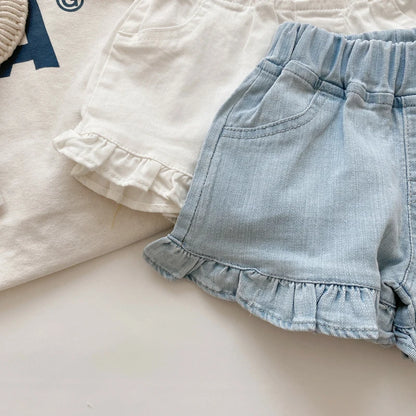 Children New Summer Kids Girls Ruffle Shorts Solid Brief Denim Children's Wear Teenage Girl Jeans