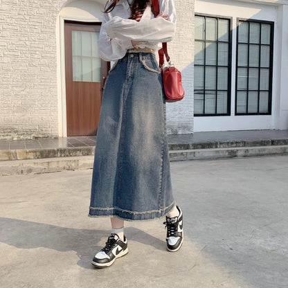 Jean Skirt Women High Waist Retro Slimming A- line Skirt Versatile Mid-Length Denim Skirt Womens Y2k Sexy Fashion Streetwear