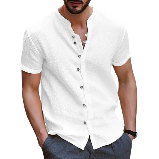 Men Casual Solid Color Retro Button Short Sleeve Shirt for Men Collar High Quality Fashion Mens Shirts Summer Slim Fit