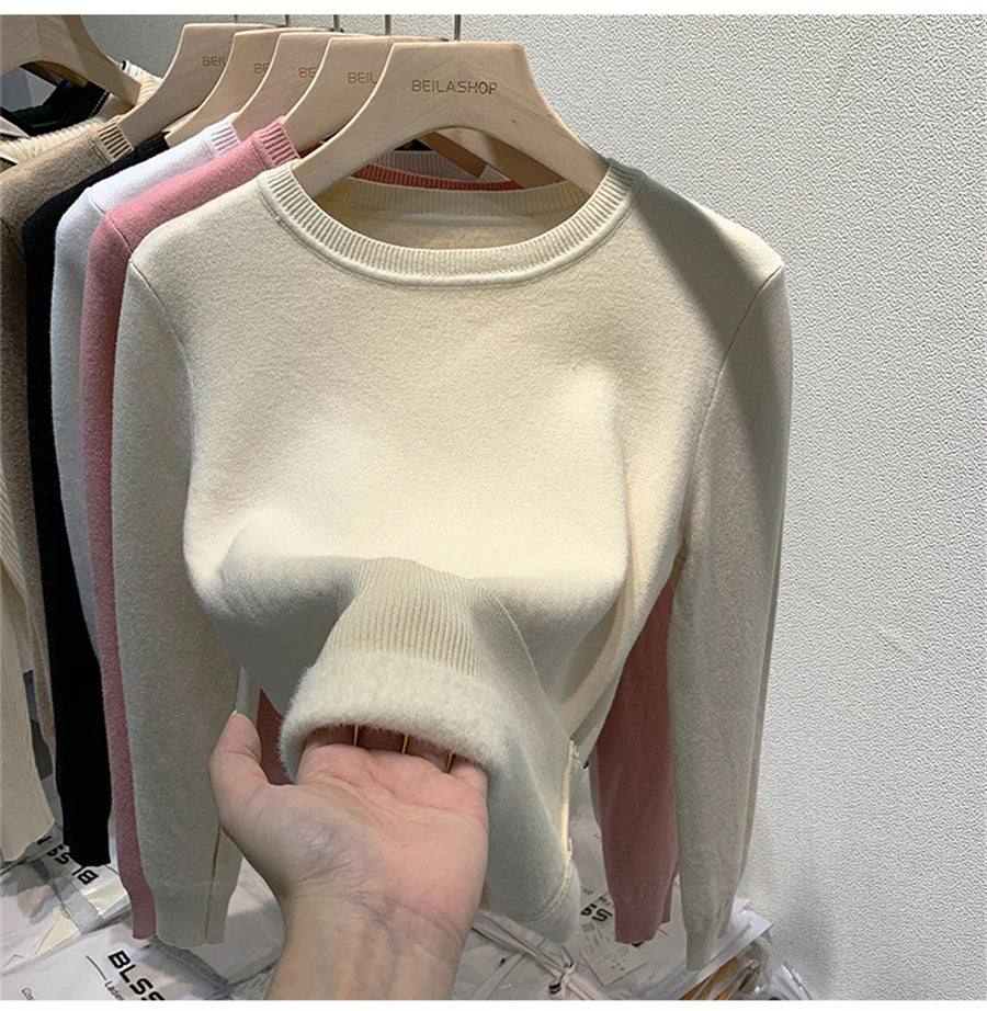 O Neck Winter Sweater For Women Thicken Slim Soft Knitted Tops Plus Velvet Long Sleeve Pullover Casual Warm Malhas Jerseys