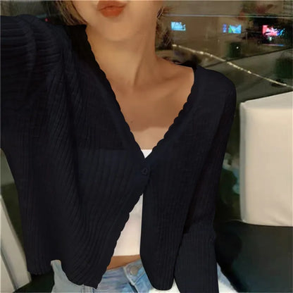 2024 Summer Ice Silk Sexy Women V Neck Button Long Sleeve Cropped Knitted Loose Sweater Tops Fashion Women Cardigan