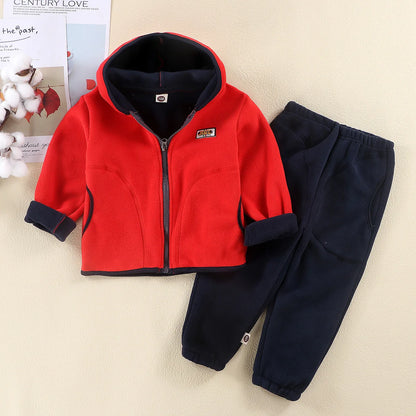 2024 Girl Boys Clothes Autumn Winter Fleece Long Sleeve Hooded Jacket Coat Pants 2 Pcs Set Children Clothes