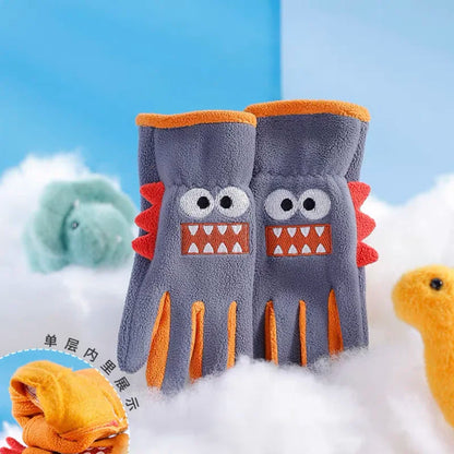 5-12 Years Children Gloves Winter Coral Fleece Cartoon Shark Embroidery Gloves Boy Girl Outdoor Thicken Keep Warm Riding Gloves