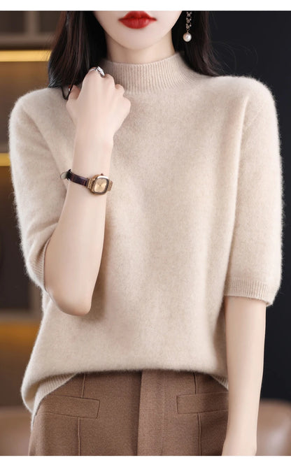 Fashion Half Short Sleeve 100% Merino Wool Sweater Basic Mock-Neck  Cashmere Women Knitted Top  Pullover Clothing Tops