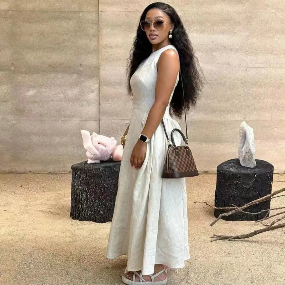 White Casual Loose Summer Dress Women Elegant Sleeveless Long A-line Dresses Summer Solid Basic Maxi Dress Holiday Party Outfits