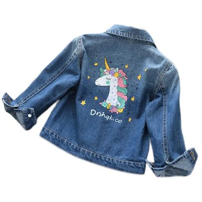 Spring Autumn Girls Denim Jacket Fashion Cartoon Unicorn Windbreaker For 2-8 Years Cotton Children Clothes Baby Kids Outerwear