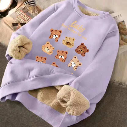 Women Fleece-lined Warm Printed Thermal Sweatshirts Loose Fit O-Neck Warm Lamb Wool Top For Women Streetwear Jumpers Hoodies