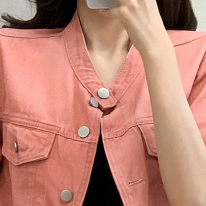 Pink Streetwear Summer Denim Coat Woman Casual O-Neck Short Sleeve Single-Breasted Thin Jeans Jacket Outwear