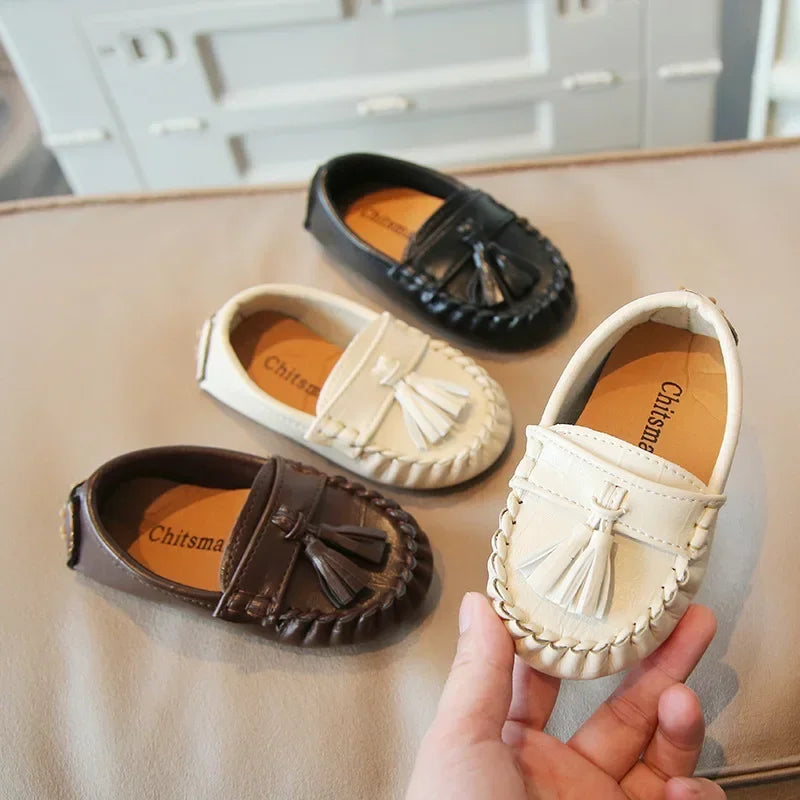 Children Moccasin Shoes Boys Flats Loafers Non-slip Tassels Kids Casual Leather Shoes Soft Slip-on Pleated Solid Color 2024 New