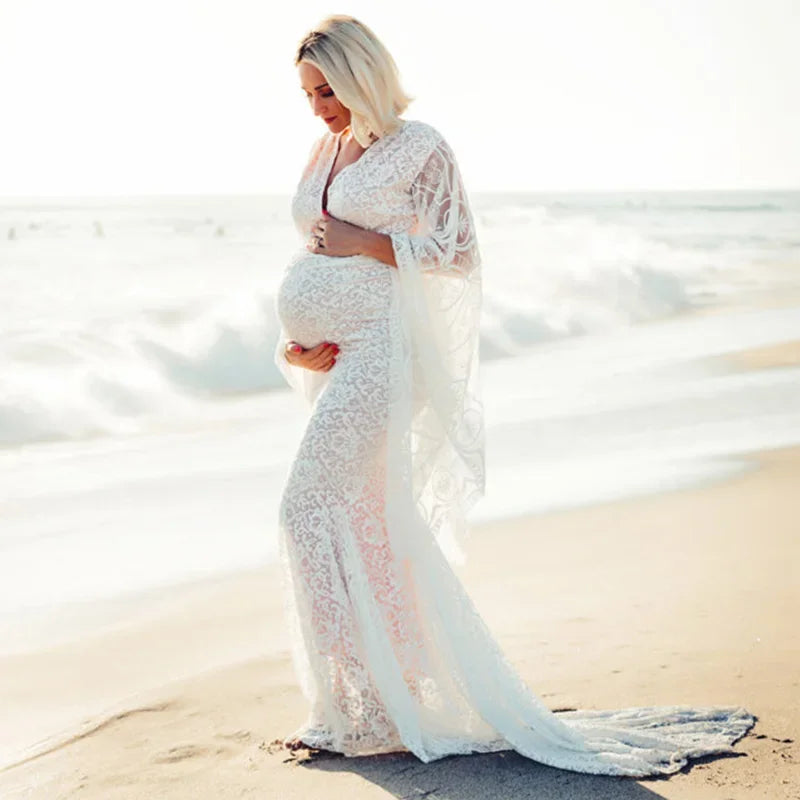 Flare Sleeve Lace Pregnancy Dresses Photoshoots Pregnant Session Photos V Neck Sexy Bodycon Floor Length White Maxi Long Dress