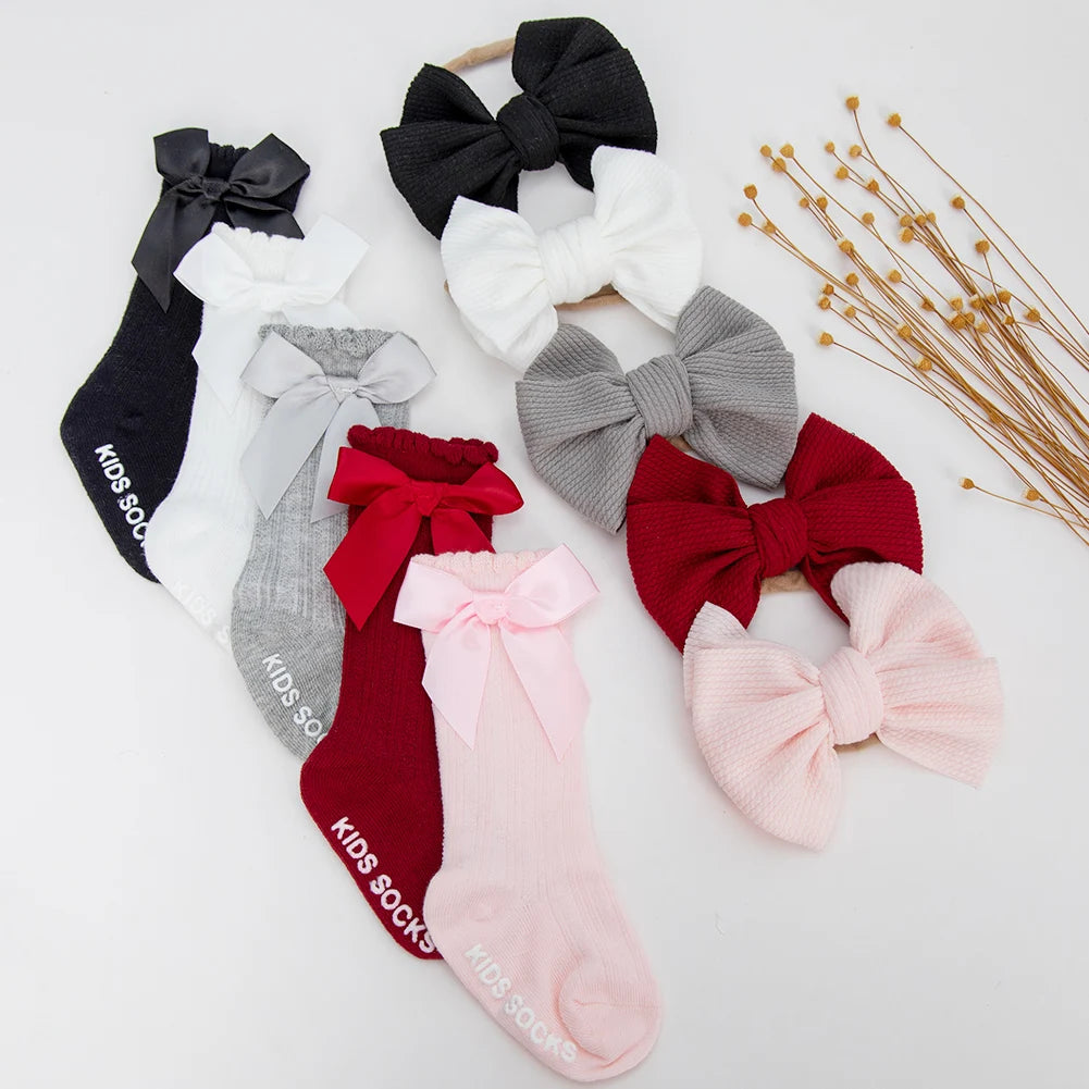 3Pcs/Set Baby Cotton Knee Socks Silk Stain Bow Headbands Non-slip 0-12M Long Leggings Stockings Nylon Hairbands Boys Girls Sock