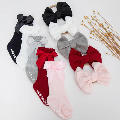 3Pcs/Set Baby Cotton Knee Socks Silk Stain Bow Headbands Non-slip 0-12M Long Leggings Stockings Nylon Hairbands Boys Girls Sock