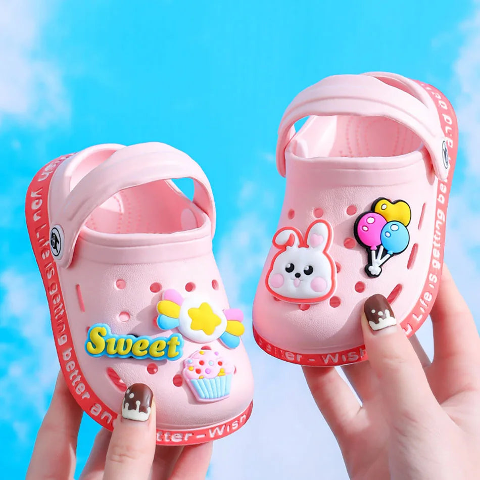 Breathable Cute Kids Summer Slipper Soft Sole Non-Slip Indoor Beach Sandals with Cartoon Bunny Dogs Holes for Boy Girl Children