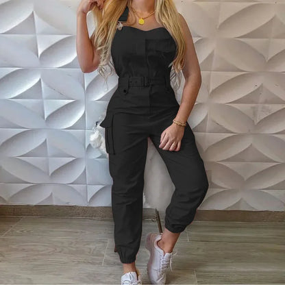 Fashion Strap Jumpsuit Women Loose Dungarees Long Rompers Summer Solid Pockets Cargo Pants Female Casual Work Out Playsuits