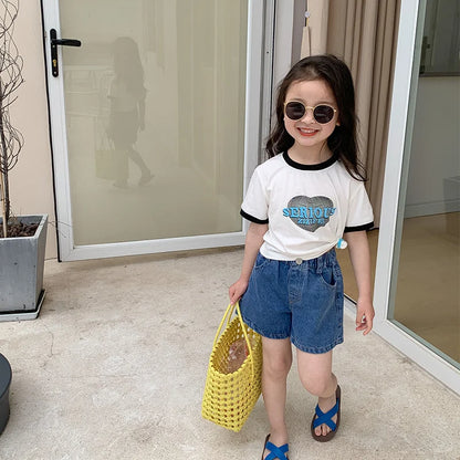 Summer 2025 Kids solid color denim shorts fashion Girls all-match casual shorts