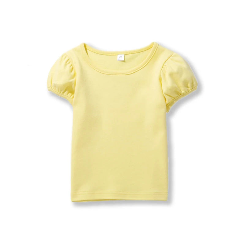 Girls' 100% Cotton Short Sleeve Summer Puff Tee T shirts for School & Play Toddler Teenagers Casual Tops Tees Solid 1-14Yrs