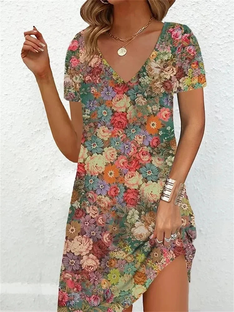 2023 Fashion Plus-Size Dress Casual Loose V-Neck Ladies Summer Print Party Women's New Summer Pullover Short Sleeve Dress