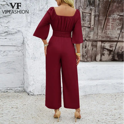 VIP FASHION Apricot Women Jumpsuits Spring Summer Office Lady Wear Burgundy Dark Brown Folds Casual Suit Wide Leg Pants Clothing