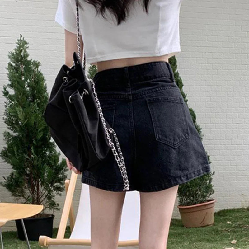 2023 Summer Women\'s Skirt with Shorts Korean Style Single-Breasted Design Blue Denim Skirt Woman Vintage High Waist Mini Skirts